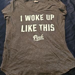 PINK Victoria's Secret Grey Shirt With Baby Blue Lettering